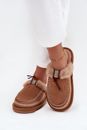 Women’s Brown Eco Suede Slippers with Fur Lining and Embroidery