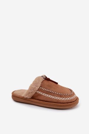 Women’s Brown Eco Suede Slippers with Fur Lining and Embroidery