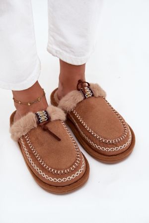 Women’s Brown Eco Suede Slippers with Fur Lining and Embroidery