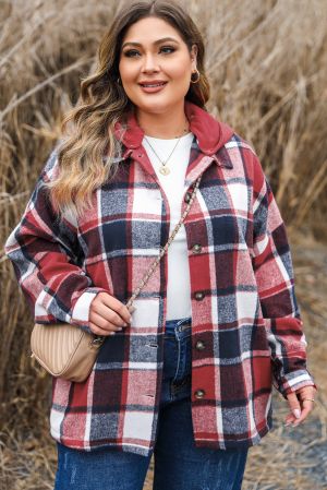 Women’s Plus Size Plaid Hooded Button-Up Jacket