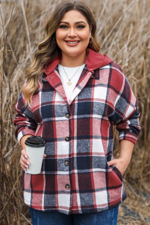 Women’s Plus Size Plaid Hooded Button-Up Jacket