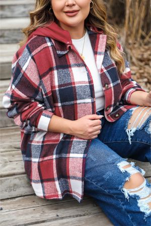 Women’s Plus Size Plaid Hooded Button-Up Jacket
