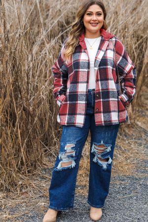 Women’s Plus Size Plaid Hooded Button-Up Jacket