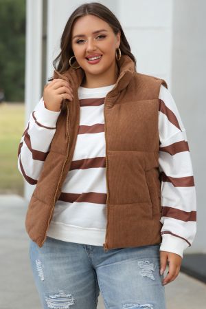 Women’s Brown Corduroy Puffer Vest with Zipper