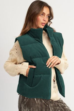 Women’s Green Corduroy Puffer Vest with Zipper