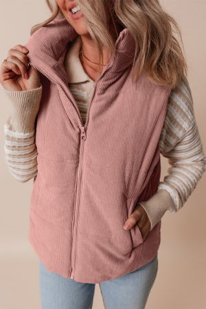 Women’s Pink Corduroy Puffer Vest with Zipper