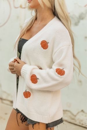 Women’s White Knit Cardigan with Pumpkin Embroidery