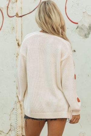 Women’s White Knit Cardigan with Pumpkin Embroidery