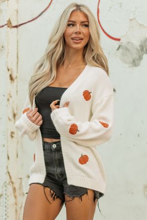 Women’s White Knit Cardigan with Pumpkin Embroidery