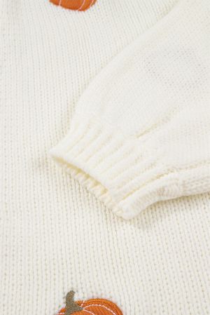 Women’s White Knit Cardigan with Pumpkin Embroidery