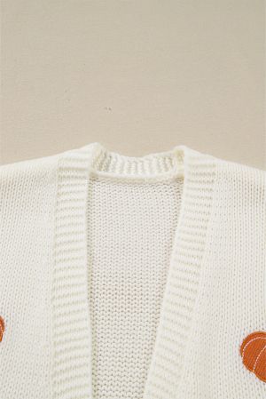 Women’s White Knit Cardigan with Pumpkin Embroidery