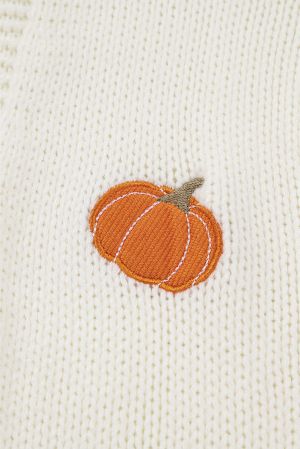 Women’s White Knit Cardigan with Pumpkin Embroidery