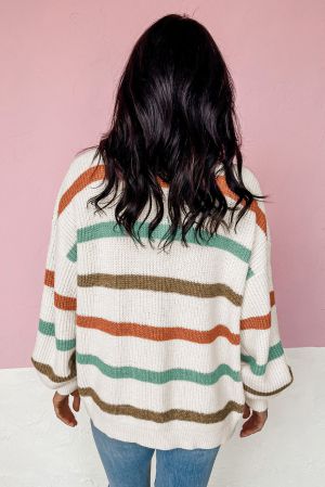 Women’s White Cardigan with Colorful Stripes and Pockets