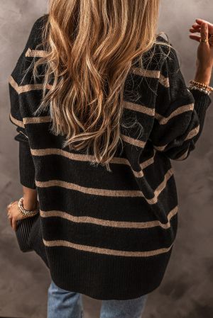 Women’s Black Cardigan with Beige Stripes and Buttons