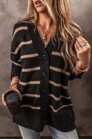 Women’s Black Cardigan with Beige Stripes and Buttons