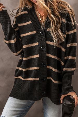 Women’s Black Cardigan with Beige Stripes and Buttons