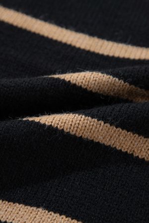 Women’s Black Cardigan with Beige Stripes and Buttons