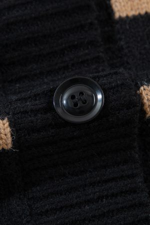 Women’s Black Cardigan with Beige Stripes and Buttons