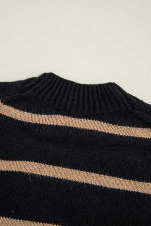 Women’s Black Cardigan with Beige Stripes and Buttons