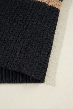 Women’s Black Cardigan with Beige Stripes and Buttons