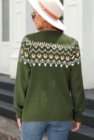 Women’s Green Cardigan with Ethnic Pattern and Buttons