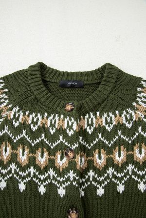 Women’s Green Cardigan with Ethnic Pattern and Buttons