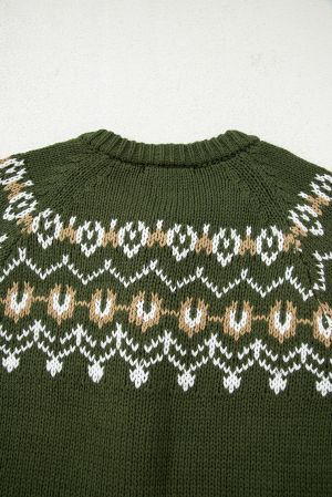 Women’s Green Cardigan with Ethnic Pattern and Buttons