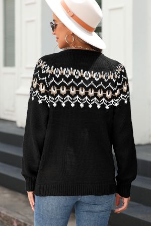 Women’s Black Cardigan with Ethnic Pattern and Buttons
