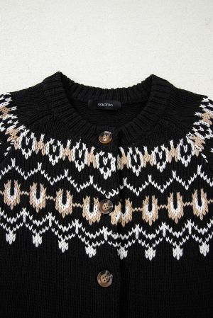 Women’s Black Cardigan with Ethnic Pattern and Buttons