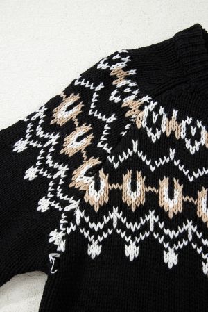 Women’s Black Cardigan with Ethnic Pattern and Buttons