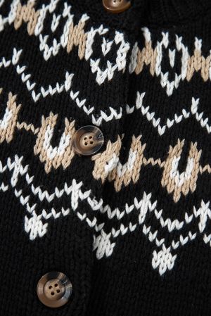Women’s Black Cardigan with Ethnic Pattern and Buttons