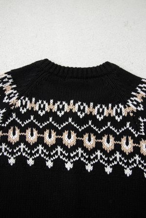 Women’s Black Cardigan with Ethnic Pattern and Buttons