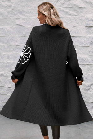 Women’s Long Black Cardigan with Floral Sleeve Details