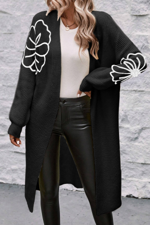 Women’s Long Black Cardigan with Floral Sleeve Details