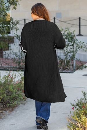 Women’s Long Black Cardigan with Floral Sleeve Details