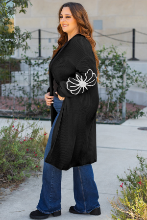 Women’s Long Black Cardigan with Floral Sleeve Details