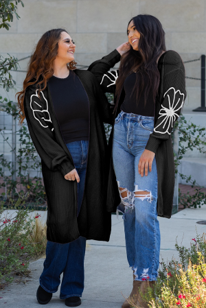 Women’s Long Black Cardigan with Floral Sleeve Details