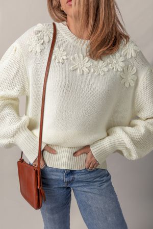 Women’s White Knit Sweater with Textured Flowers