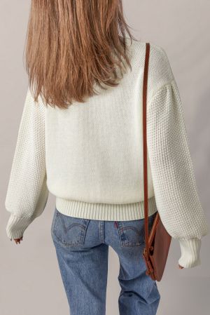 Women’s White Knit Sweater with Textured Flowers