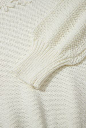 Women’s White Knit Sweater with Textured Flowers