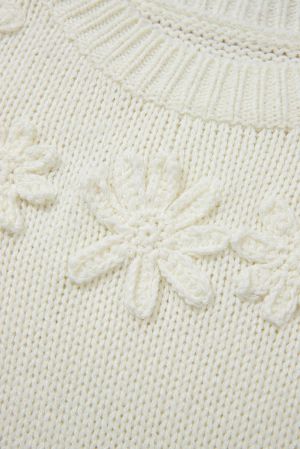 Women’s White Knit Sweater with Textured Flowers