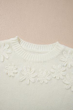 Women’s White Knit Sweater with Textured Flowers
