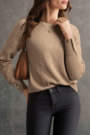 Women’s Beige Sweater with Long Sleeves and Button Cuffs