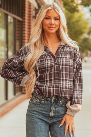 Women’s Brown Plaid Long Sleeve Blouse with Hood