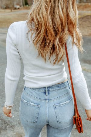 Women’s White Sweater with Crossed V Neckline
