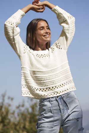 Women’s White Open Knit Sweater with Long Sleeves