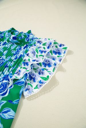 Women's Green Floral Print Short Sleeve Blouse