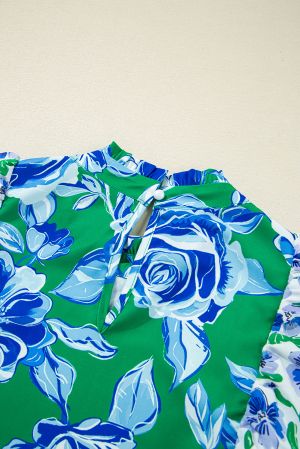 Women's Green Floral Print Short Sleeve Blouse