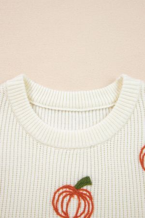 Women’s White Sweater with Pumpkin Embroidery