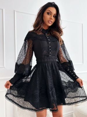 Black Lace Dress with Puff Sleeves and Collar